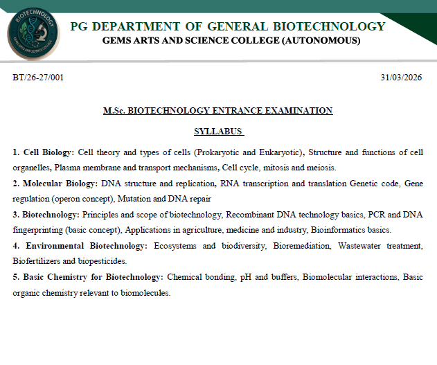 M.Sc. BIOTECHNOLOGY ENTRANCE EXAMINATION