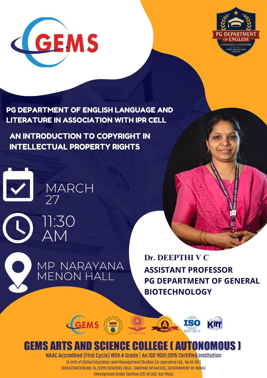 PG DEPARTMENT OF ENGLISH LANGUAGE AND LITERATURE TOPIC: AN INTRODUCTION TO COPYRIGHT IN INTELLECTUAL PROPERTY RIGHTS