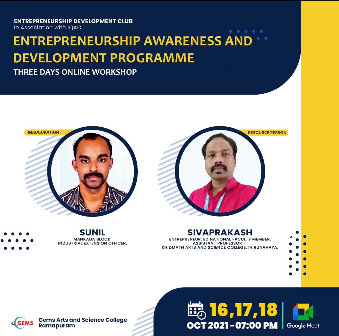 Three Days Workshop on Entrepreneurship Awareness and Development Programme