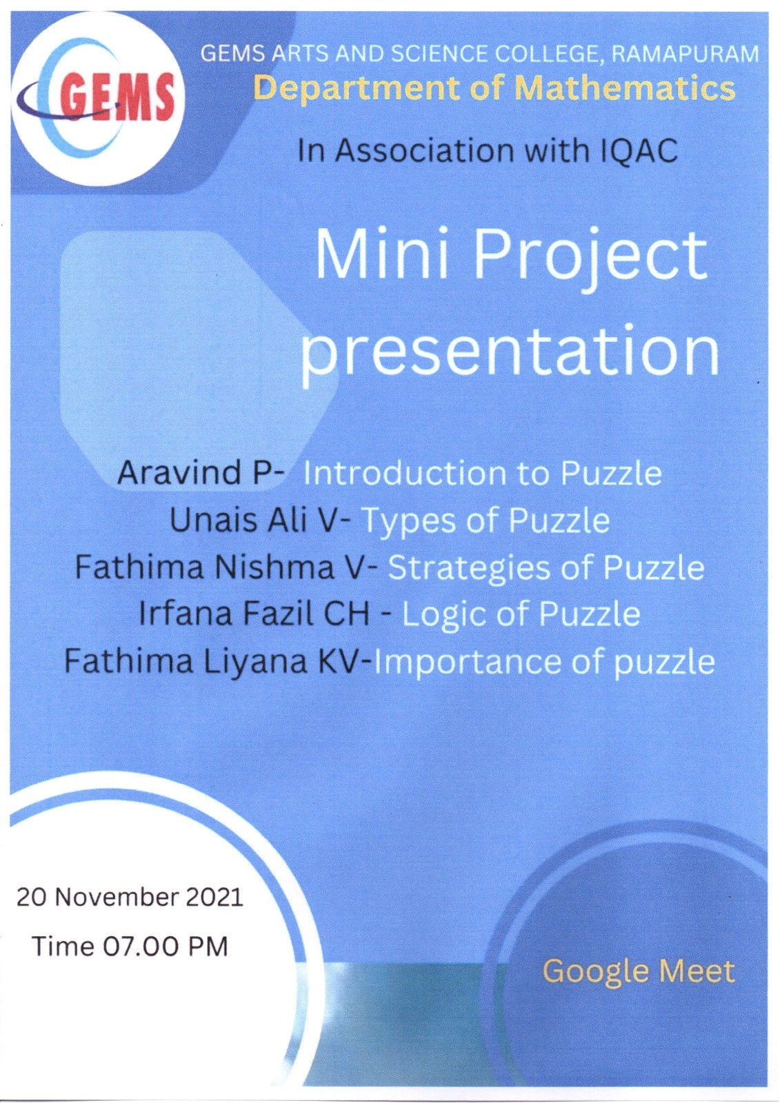 MINI PROJECT 20/11/2021 Department of Mathematics