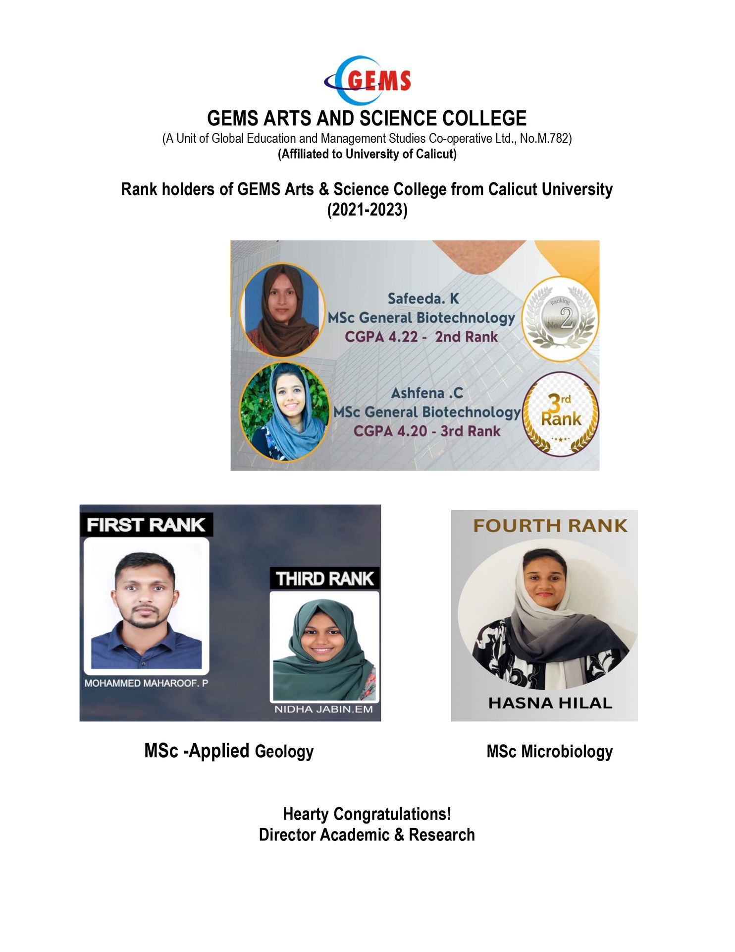 Rank holders of GEMS Arts & Science College from Calicut University  (2021-2023)