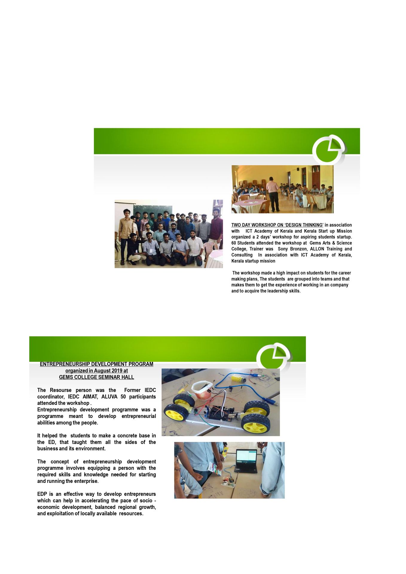 ENTREPRENEURSHIP DEVELOPMENT PROGRAM organized in August 2019 at GEMS COLLEGE SEMINAR HALL