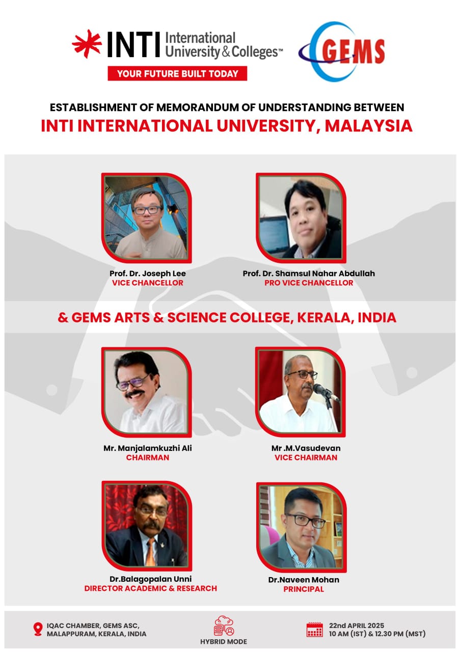 INTI International University Malaysia established an MoU with GEMS Arts & Science College, Malappuram