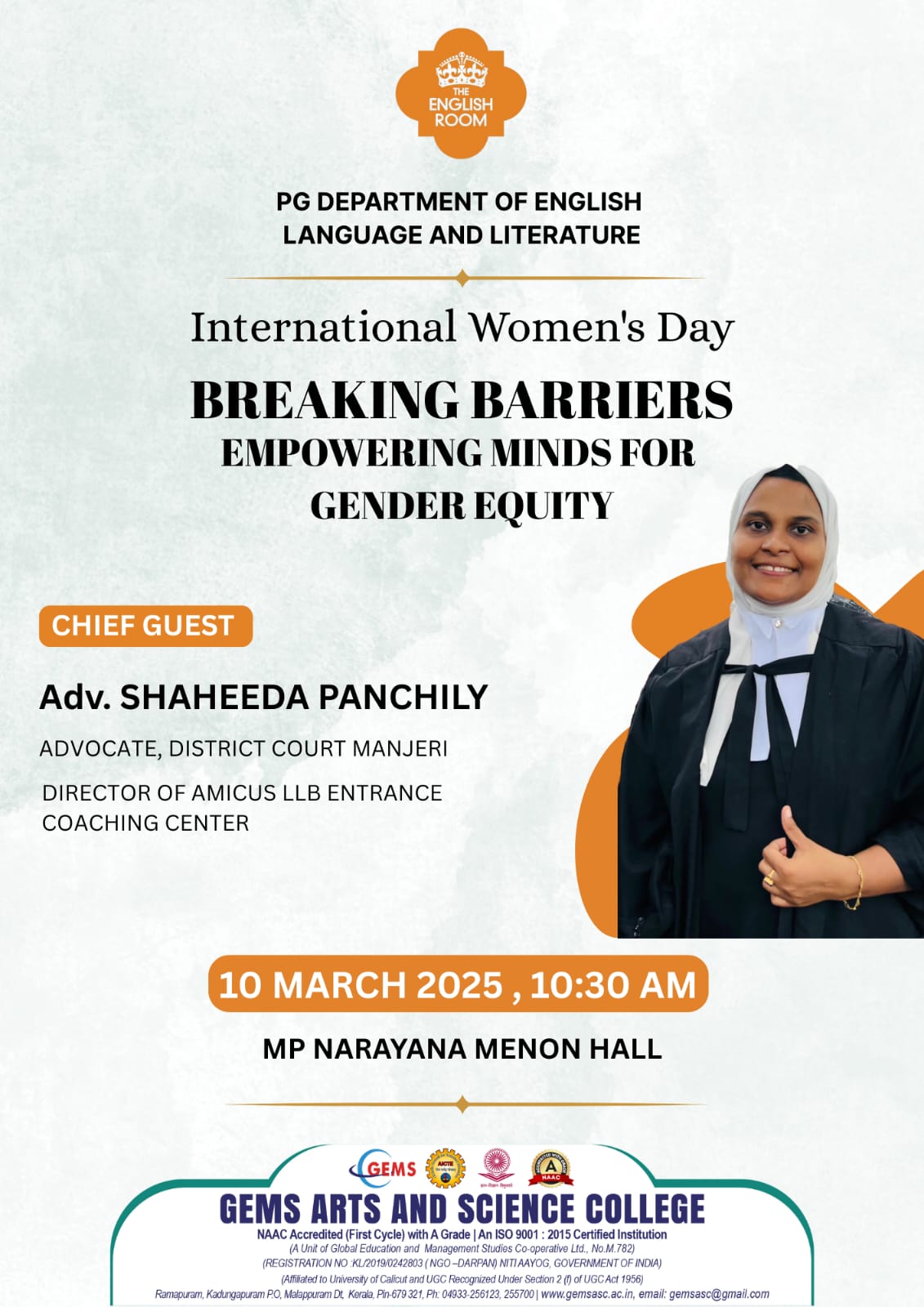 BREAKING BARRIERS: EMPOWERING MINDS FOR GENDER EQUITY.  PG DEPARTMENT OF ENGLISH LANGUAGE AND LITERATURE