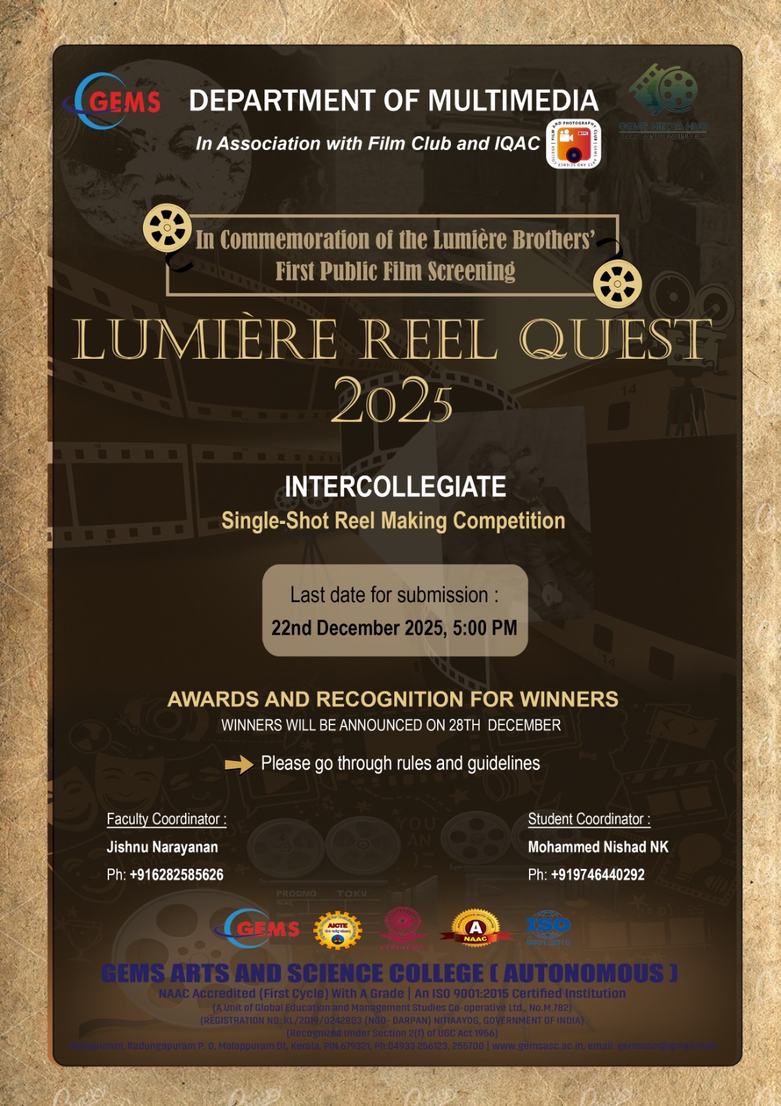 LUMIÈRE REEL QUEST 2025  INTERCOLLEGIATE  Single-Shot Reel Making Competition