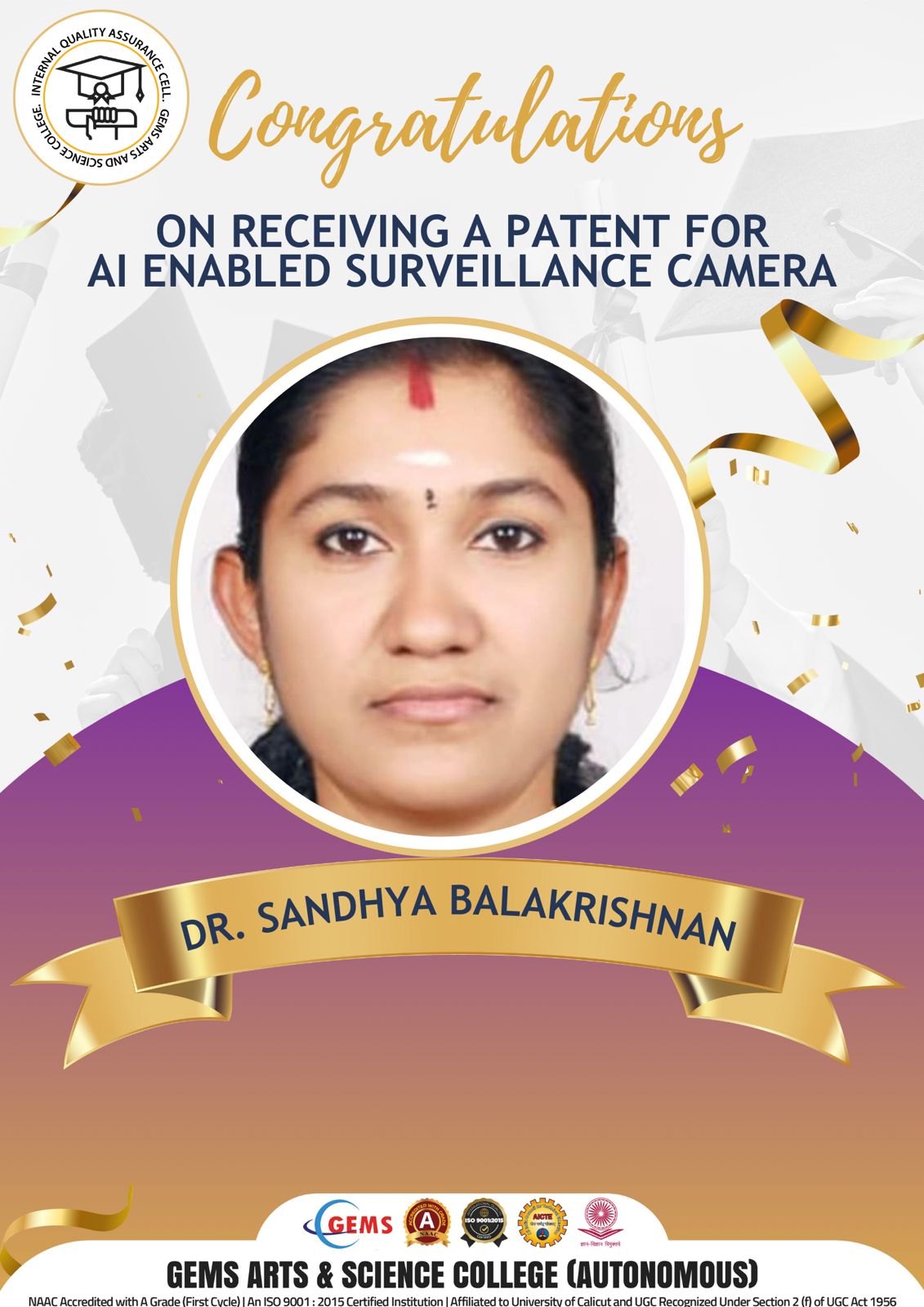 Congratulations ON RECEIVING A PATENT FOR AI ENABLED SURVEILLANCE CAMERA